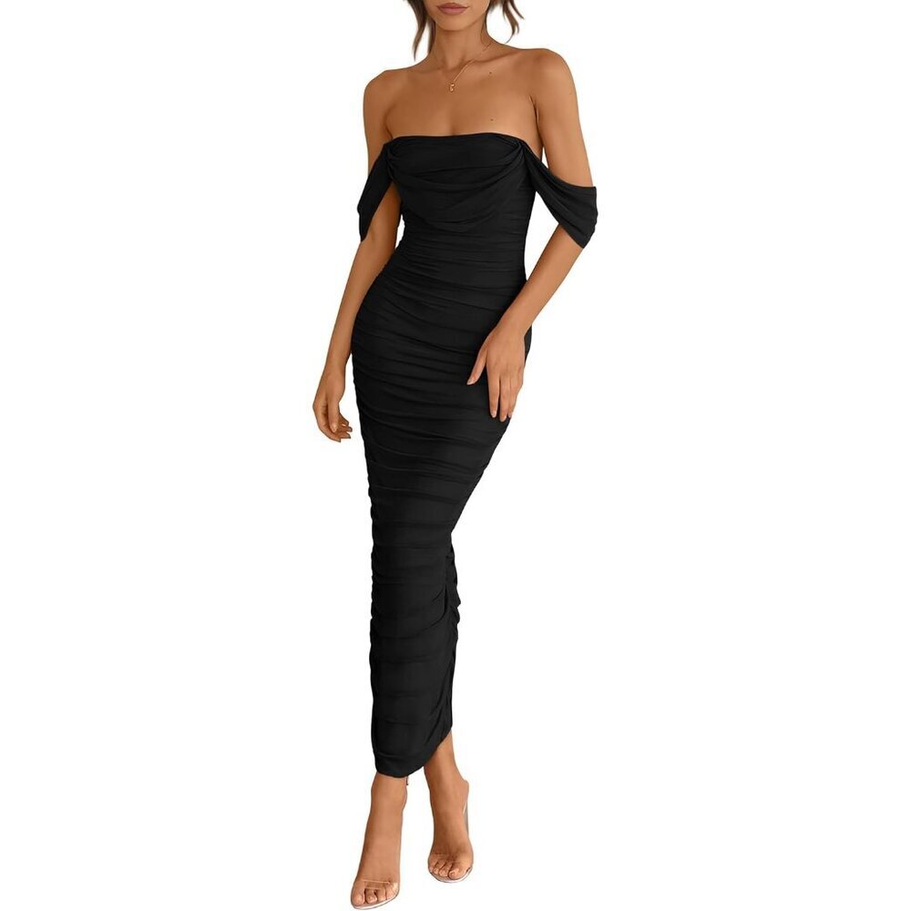 Womens Summer Off Shoulder Bodycon Maxi Dress Ruched Sleeveless Black Small